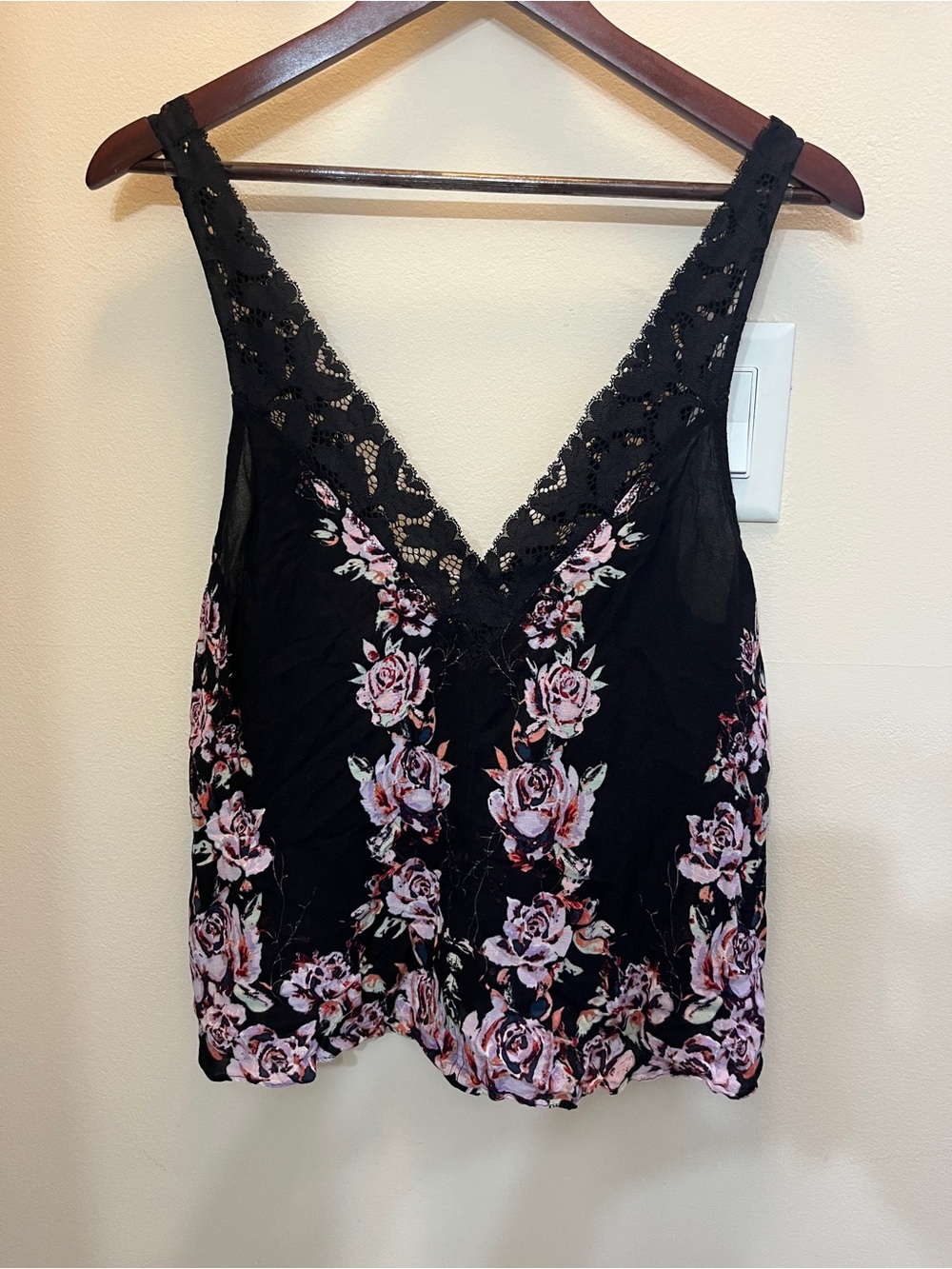 Free People Black Floral Lace V-Neck Cami with Pink Rose Print